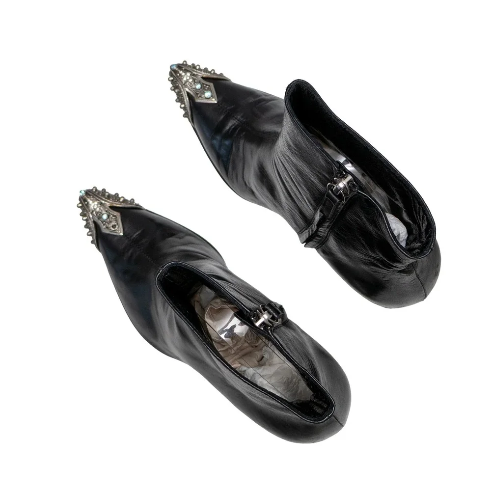 Vicini Black Leather Crystal Embellished Pointed Toe Ankle Boots EU 36 US 6